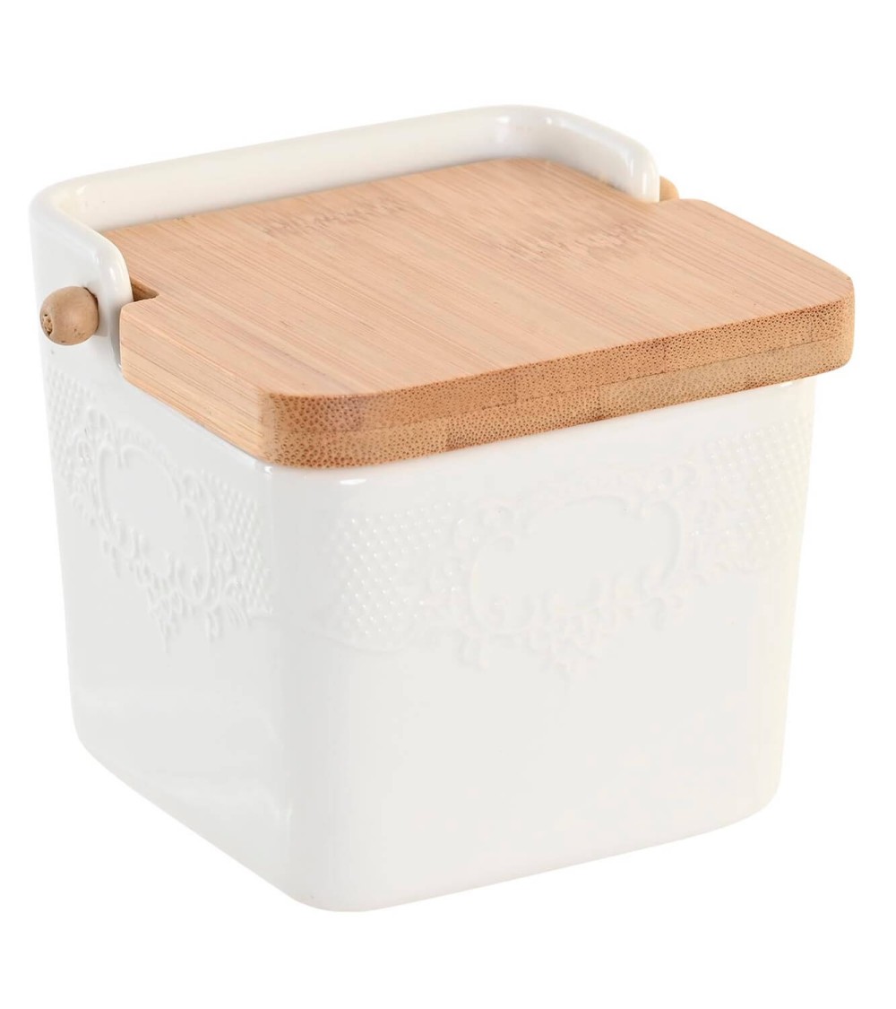 Dcasa Salero Y Azucarero De Porcelana Blanco Con Tapa De Madera Estilo Nordico