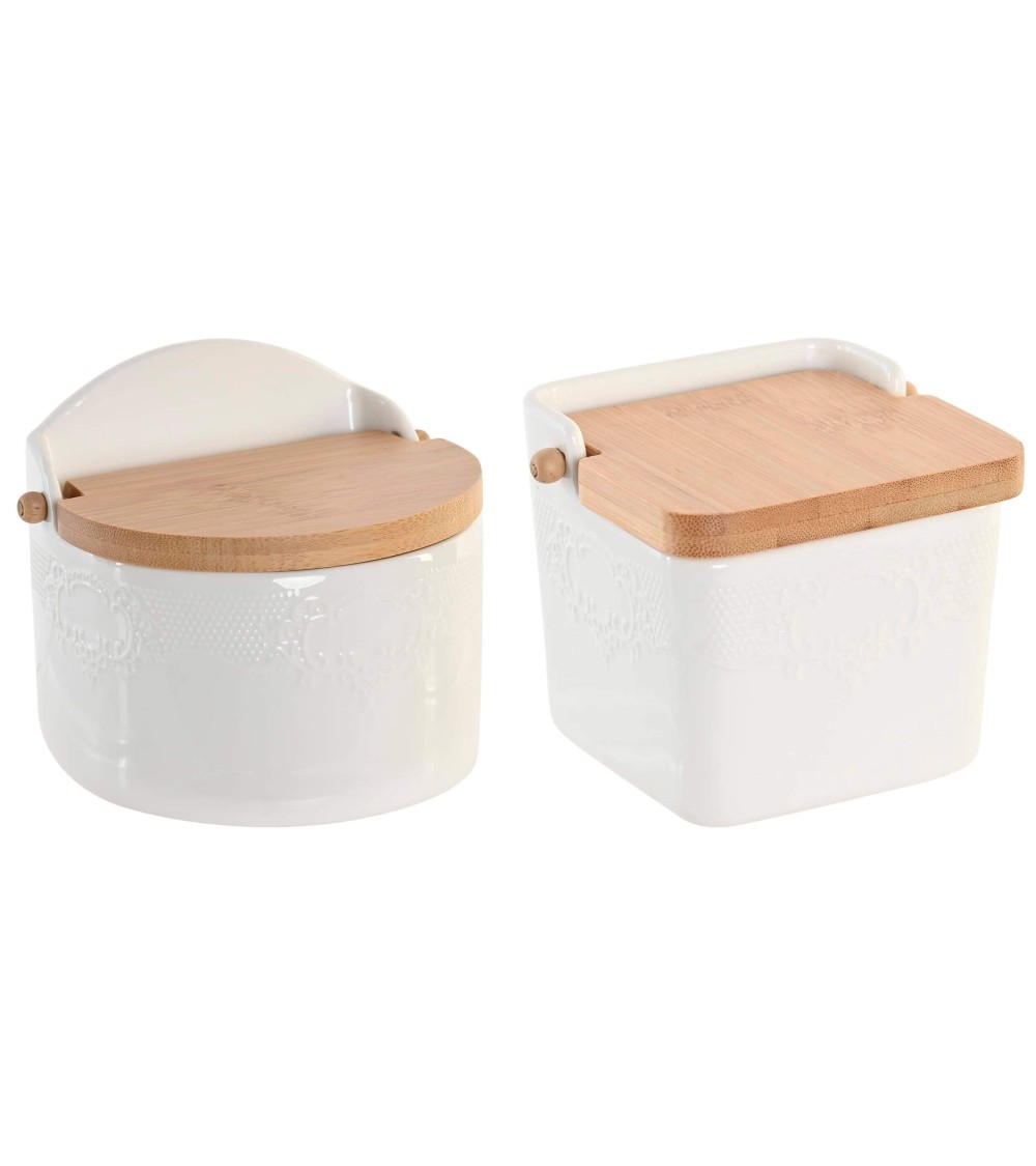 Dcasa Salero y Azucarero de porcelana blanco con tapa de madera estilo nordico