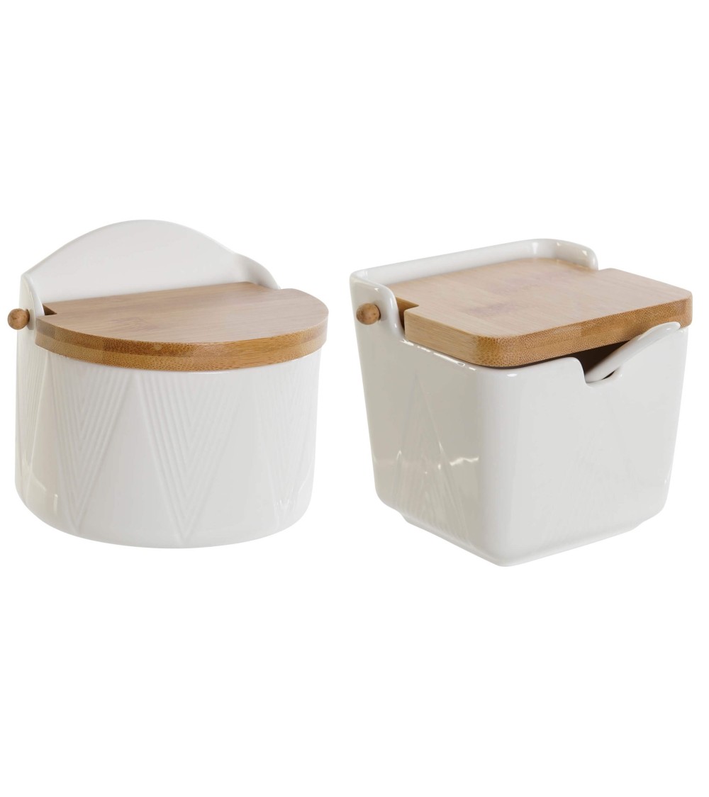 Dcasa Salero y Azucarero de porcelana blanco con tapa de bambu estilo nordico