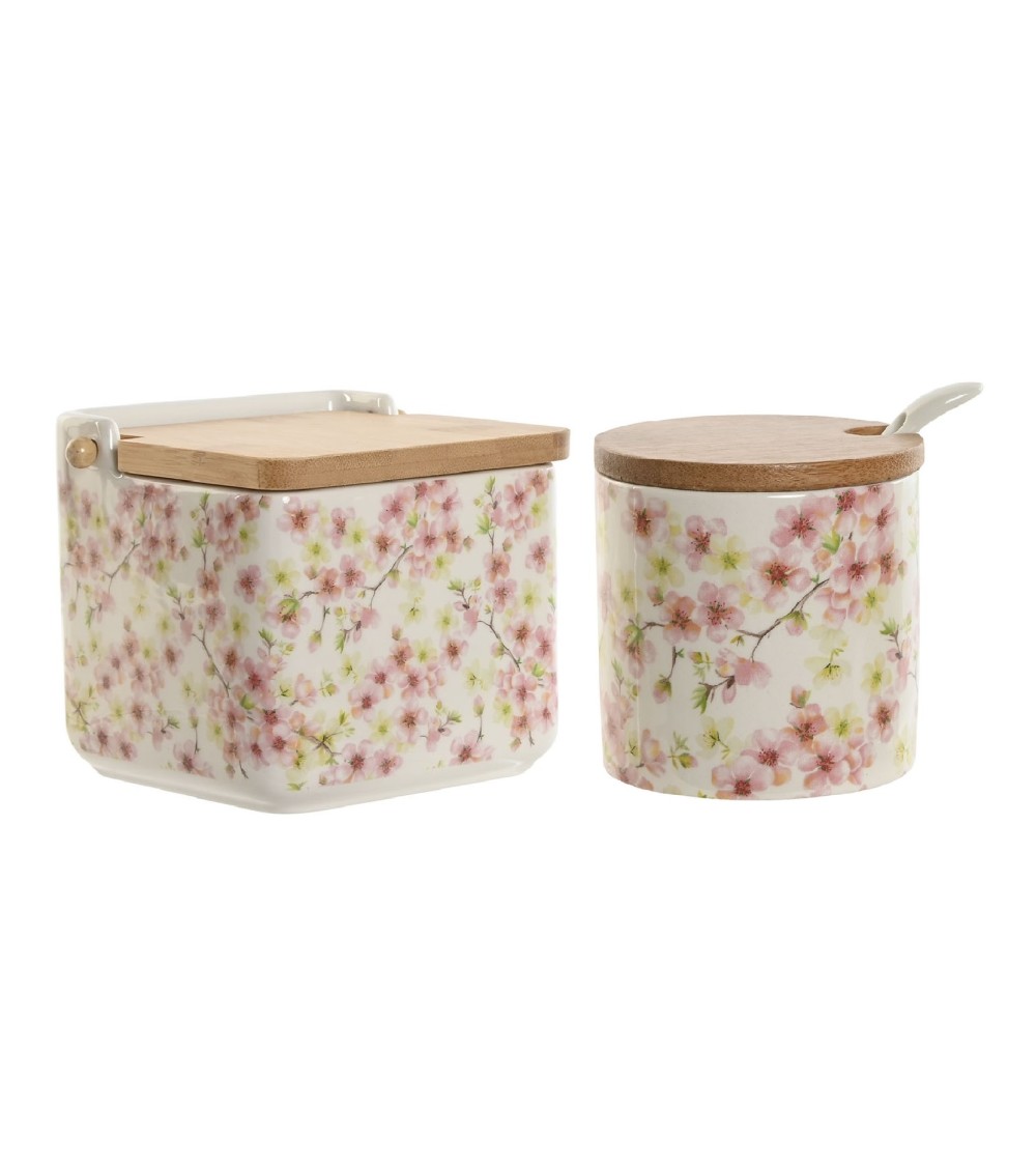 Dcasa Salero y azucarero dolomite con tapa de bambu flor de almendro