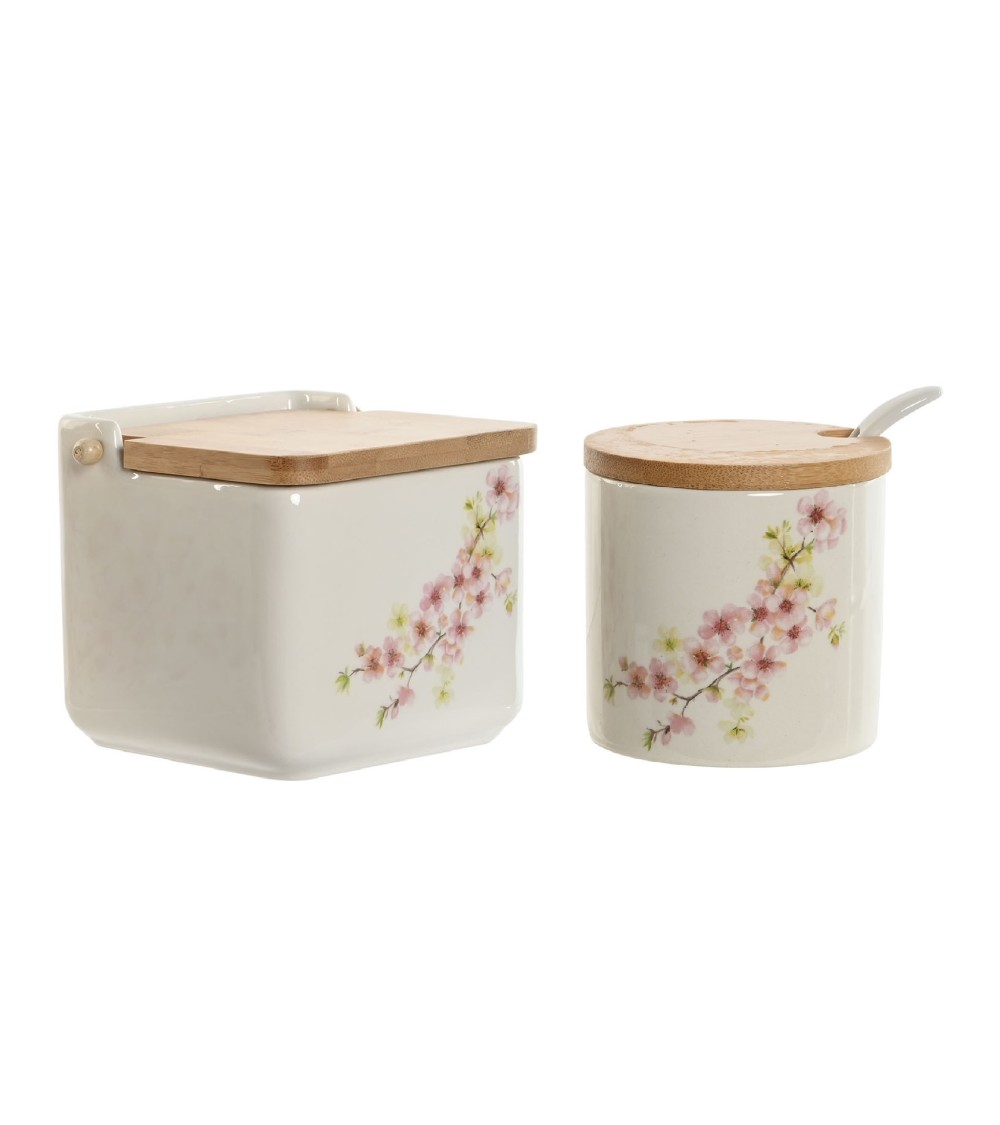 Dcasa Salero y azucarero dolomite con tapa de bambu flor de almendro
