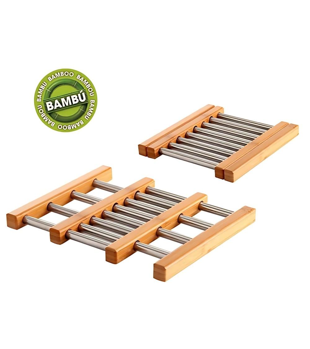 Dcasa Salvamantel Extensible De Bambú Y Acero Inoxidable Plateado De 21x22 Cm