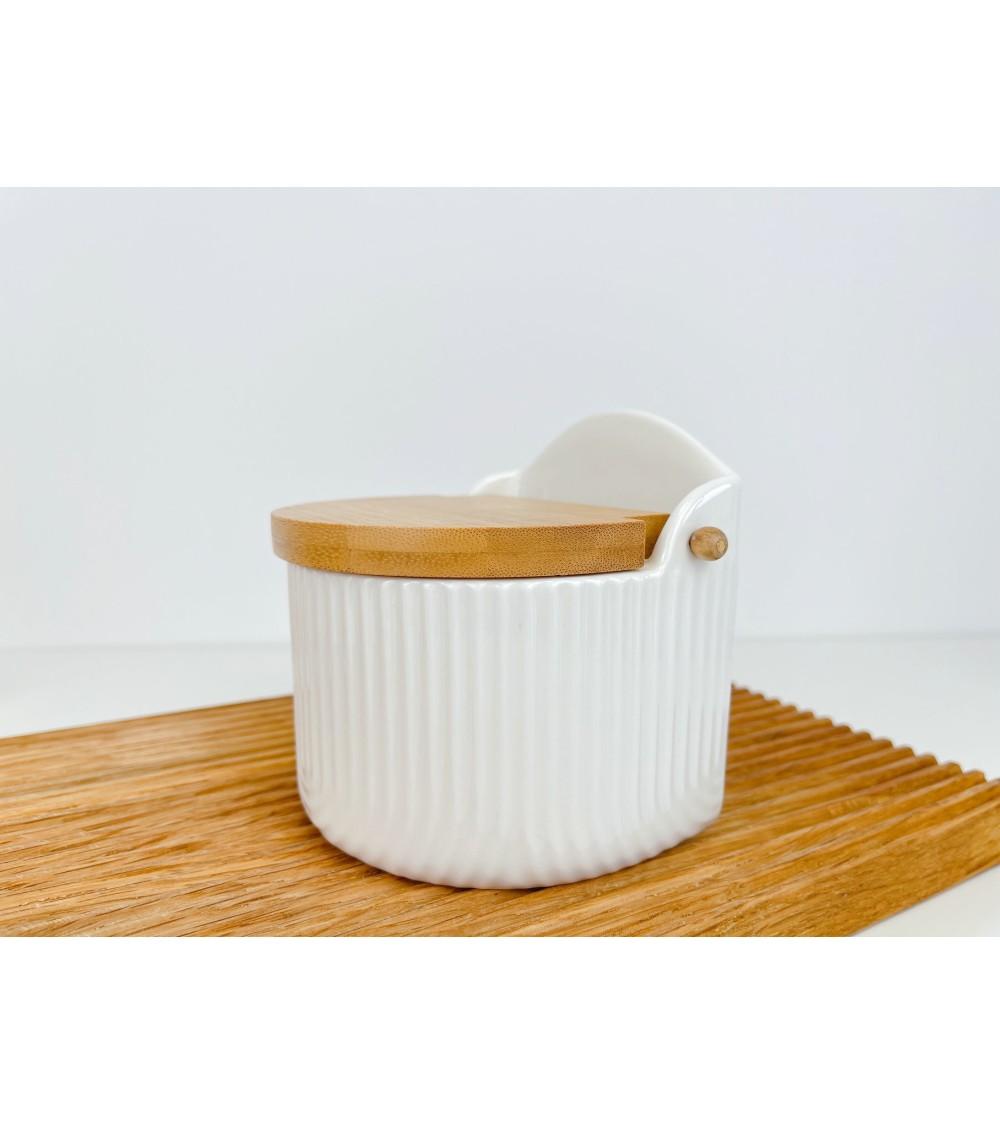 Dcasa Sarero De Porcelana Blanco Con Tapa De Madera Estilo Nordico