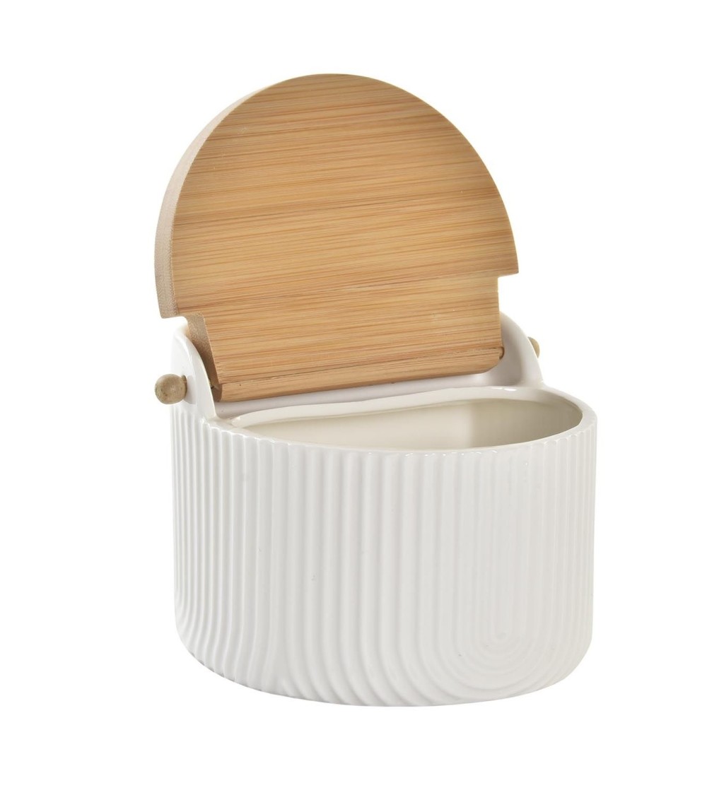 Dcasa Sarero De Porcelana Blanco Con Tapa De Madera Estilo Nordico