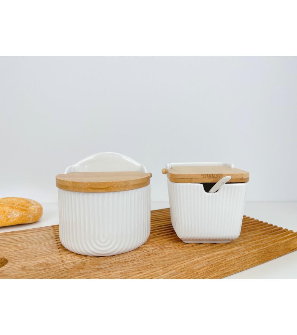 Dcasa Sarero Y Azucarero De Porcelana Blanco Con Tapa De Madera Estilo Nordico