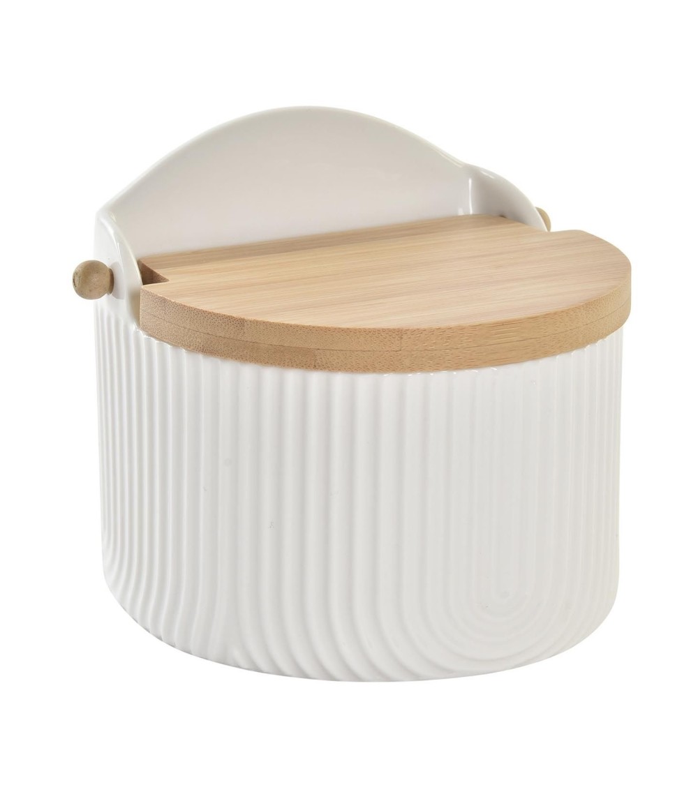 Dcasa Sarero Y Azucarero De Porcelana Blanco Con Tapa De Madera Estilo Nordico
