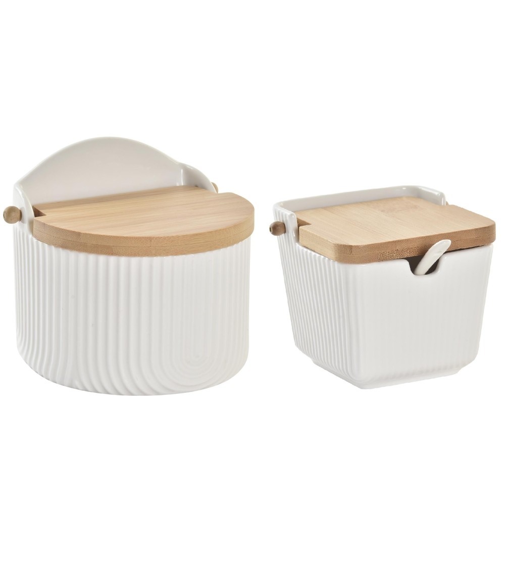 Dcasa Sarero y Azucarero de Porcelana Blanco con Tapa de Madera Estilo Nordico