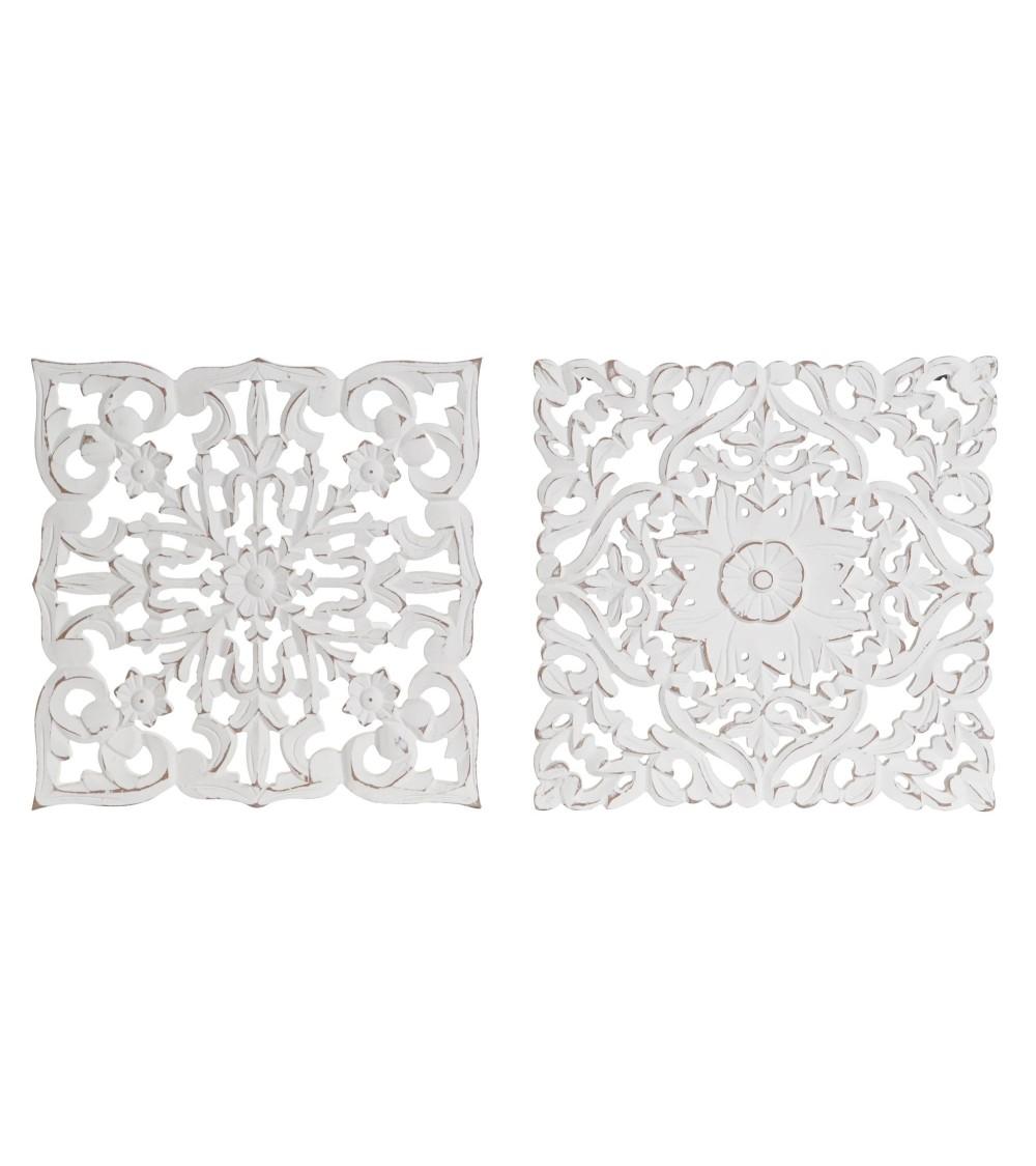 Dcasa Set 2 Murales decoracion de pared madera tallado mandala decape blanco 30x30 cm