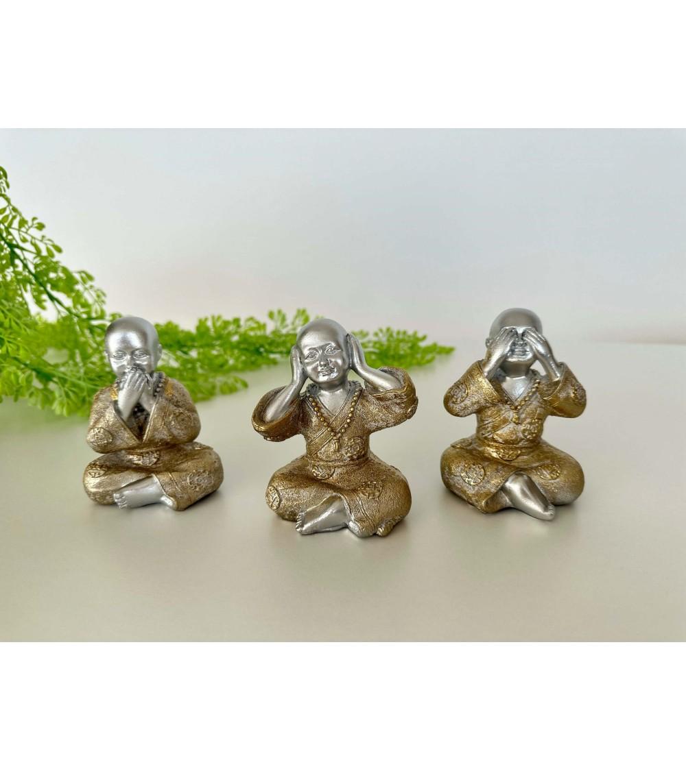 Dcasa Set 3 Figuritas De Buda Suerte Poliresina Decoracion Dorado Y Plateado 10 Cm . (Ver Oir Callar )