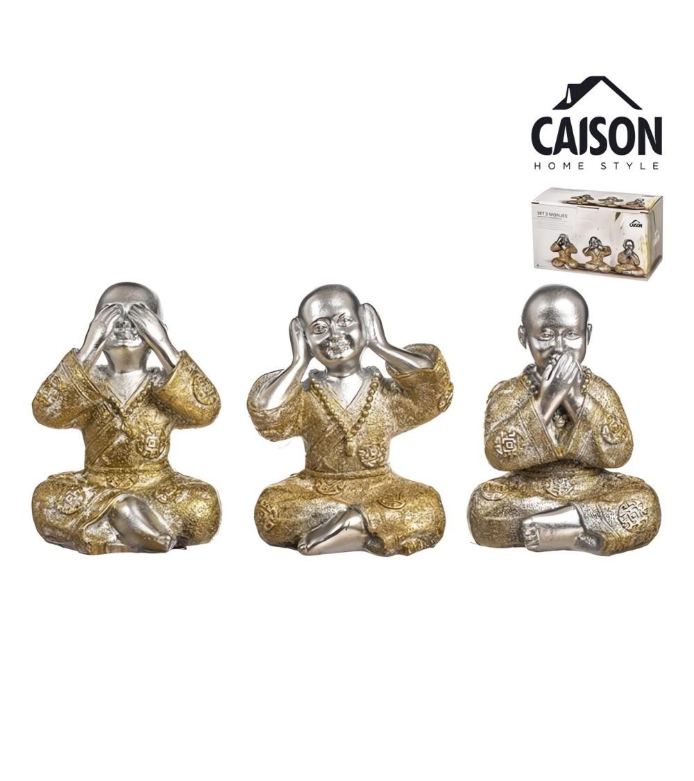 Dcasa Set 3 Figuritas de Buda Suerte Poliresina Decoracion Dorado y Plateado 10 cm . (Ver Oir Callar )