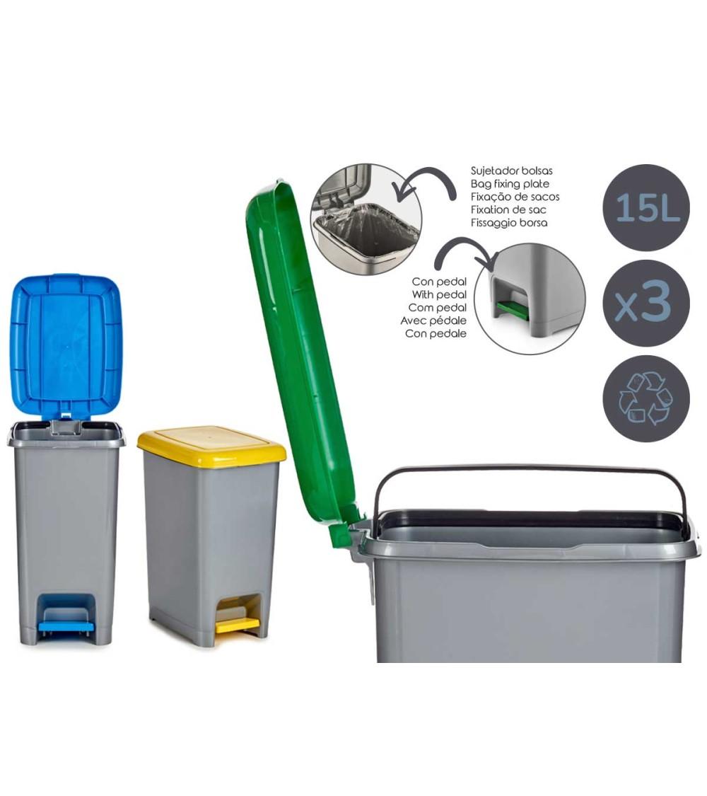 Dcasa Set 3 Papeleras 15 Litros De Plastico Reciclaje Con Pedal