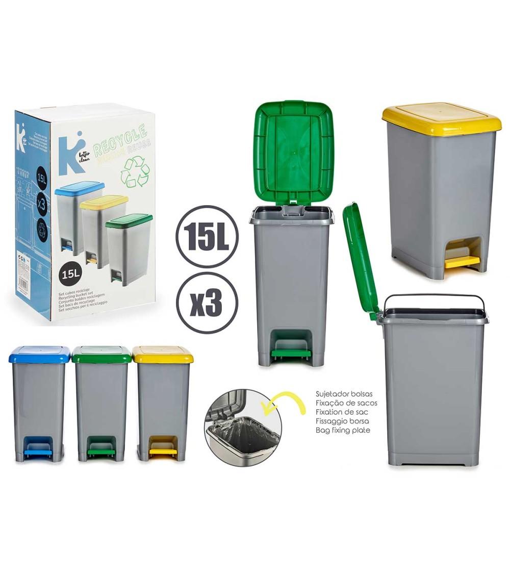 Dcasa Set 3 Papeleras 15 Litros De Plastico Reciclaje Con Pedal