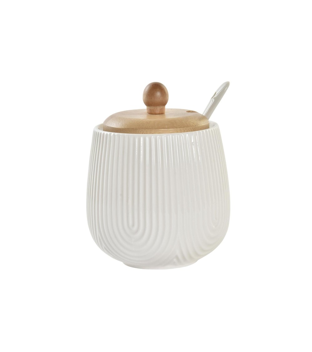 Dcasa Set 3 Salsera Porcelana Blanco Con Tapa Madera Y Soporte Madera Estilo Nordico