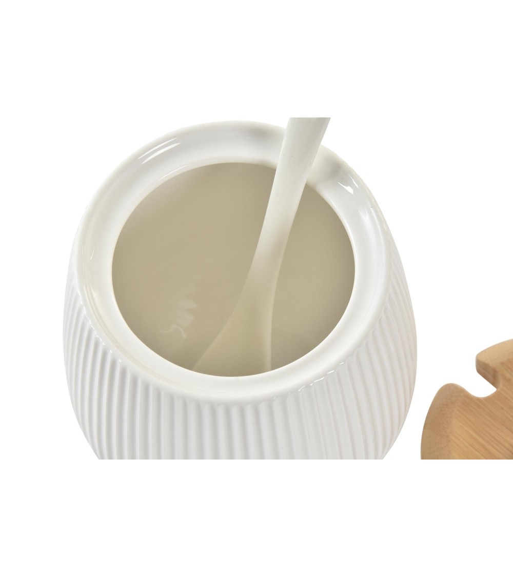 Dcasa Set 3 Salsera Porcelana Blanco Con Tapa Madera Y Soporte Madera Estilo Nordico