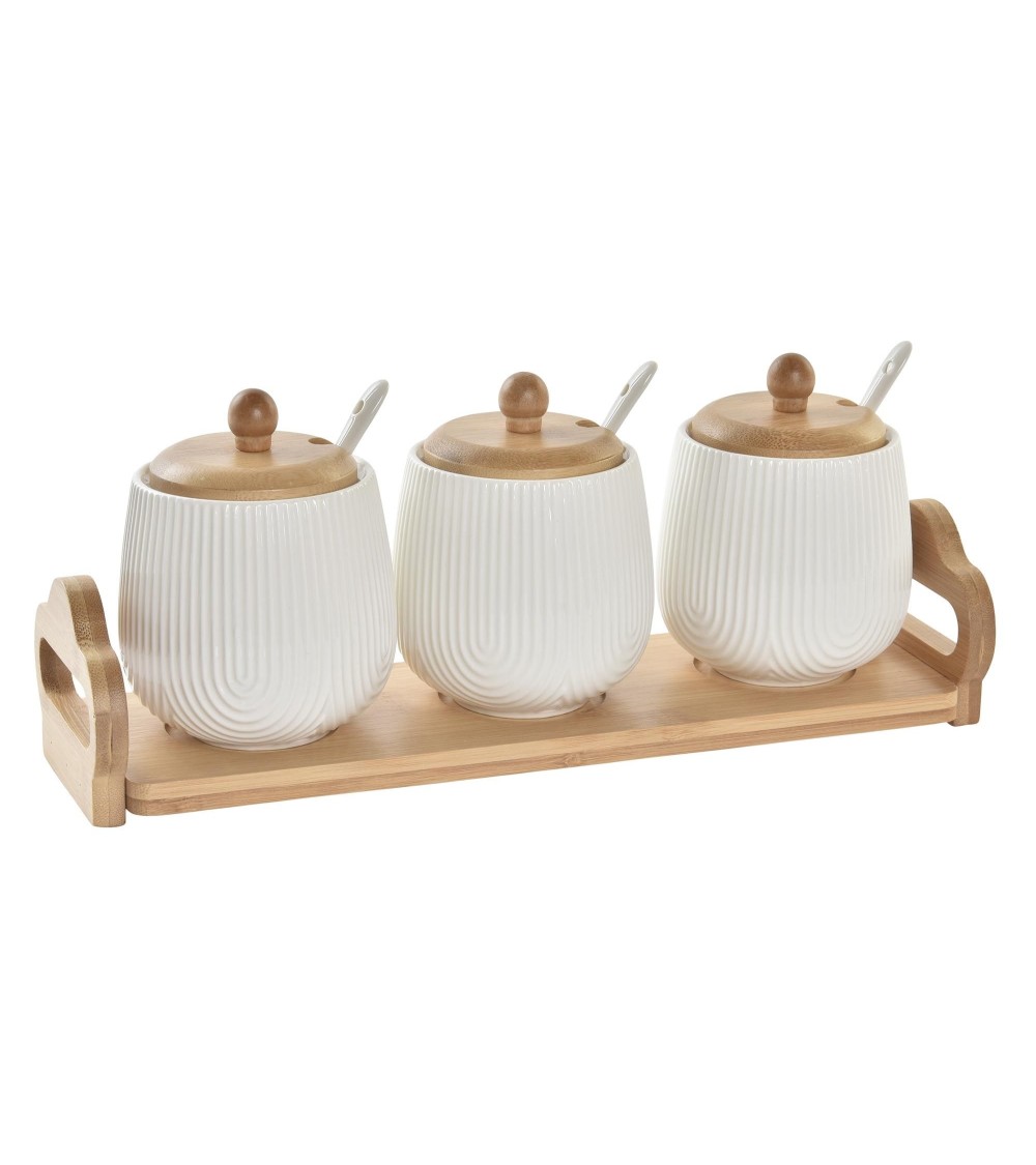 Dcasa Set 3 Salsera Porcelana Blanco con Tapa Madera y Soporte Madera Estilo Nordico