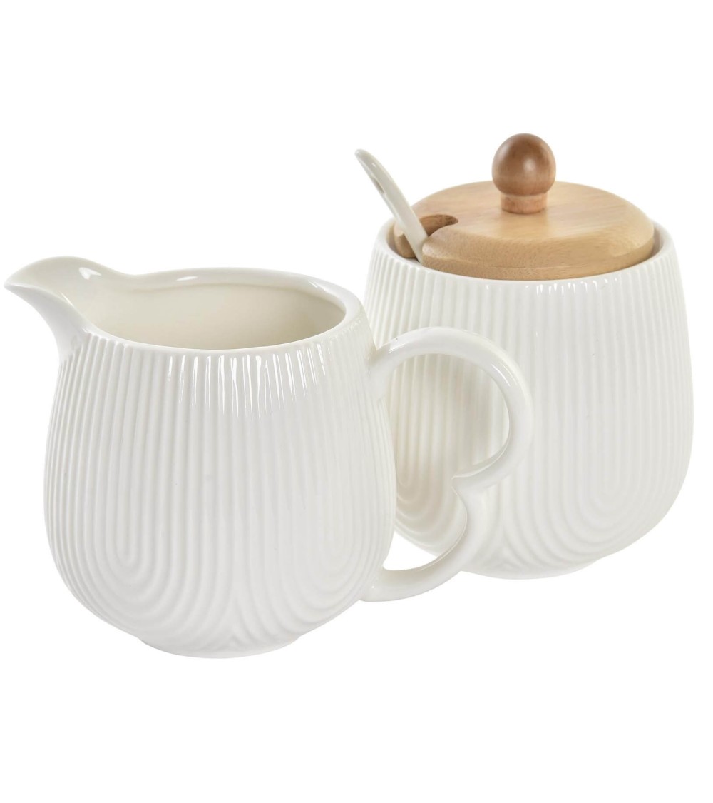 Dcasa Set Azucarero Con Cucharilla Y Jarrita Porcelana Blanco Con Soporte Madera Nordico