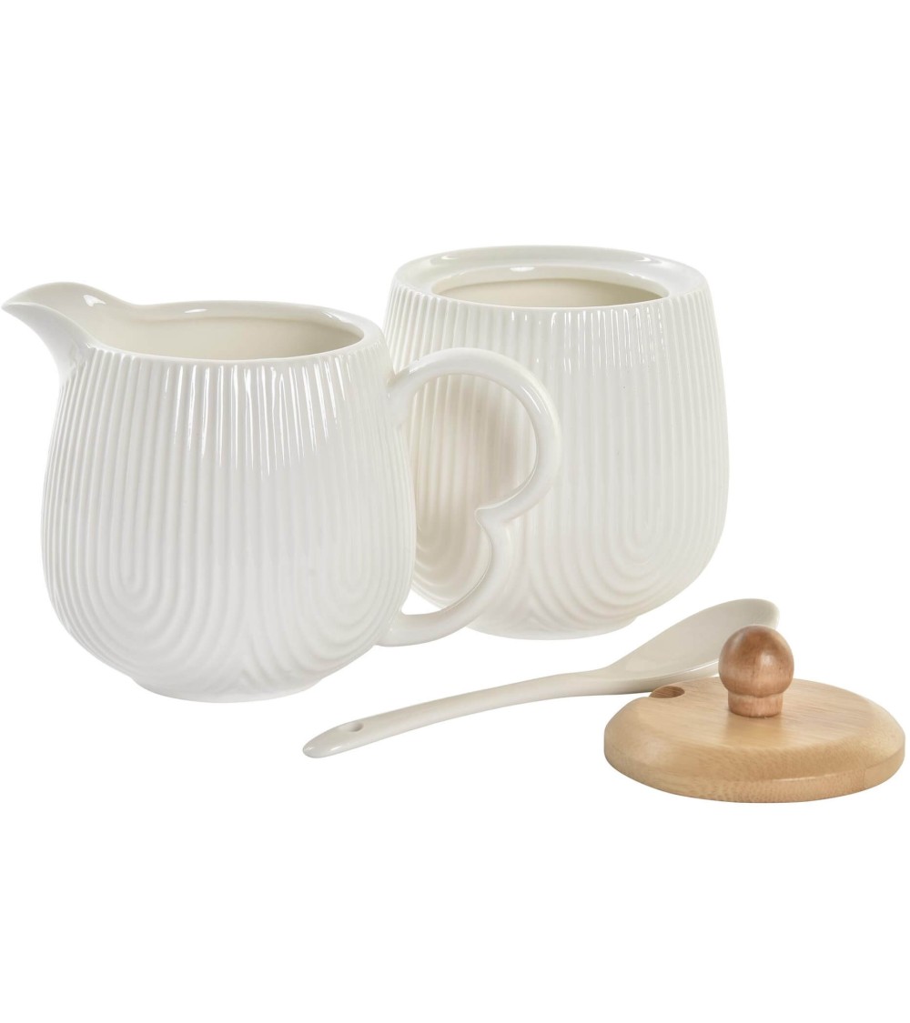 Dcasa Set Azucarero Con Cucharilla Y Jarrita Porcelana Blanco Con Soporte Madera Nordico