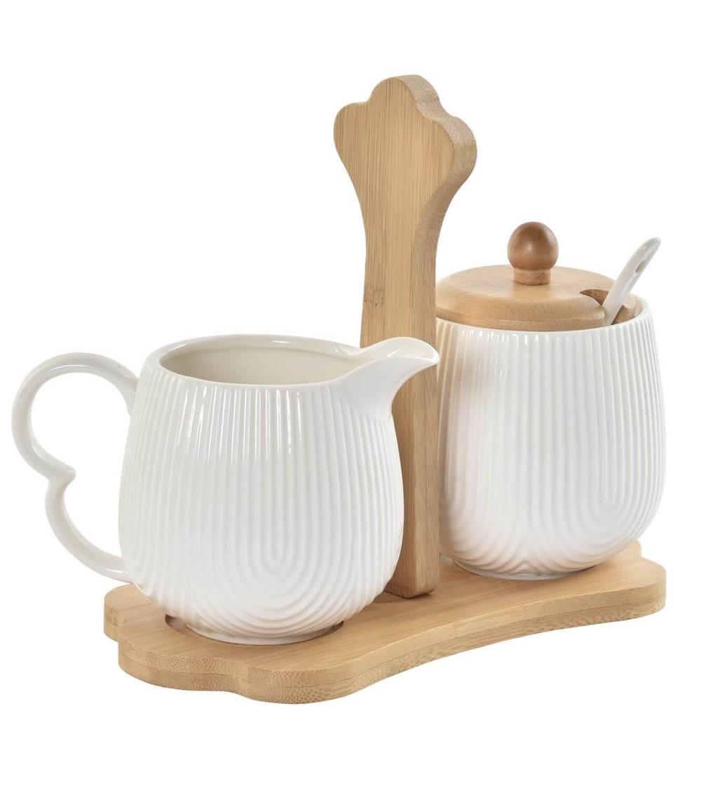 Dcasa Set azucarero con cucharilla y jarrita porcelana blanco con soporte madera nordico