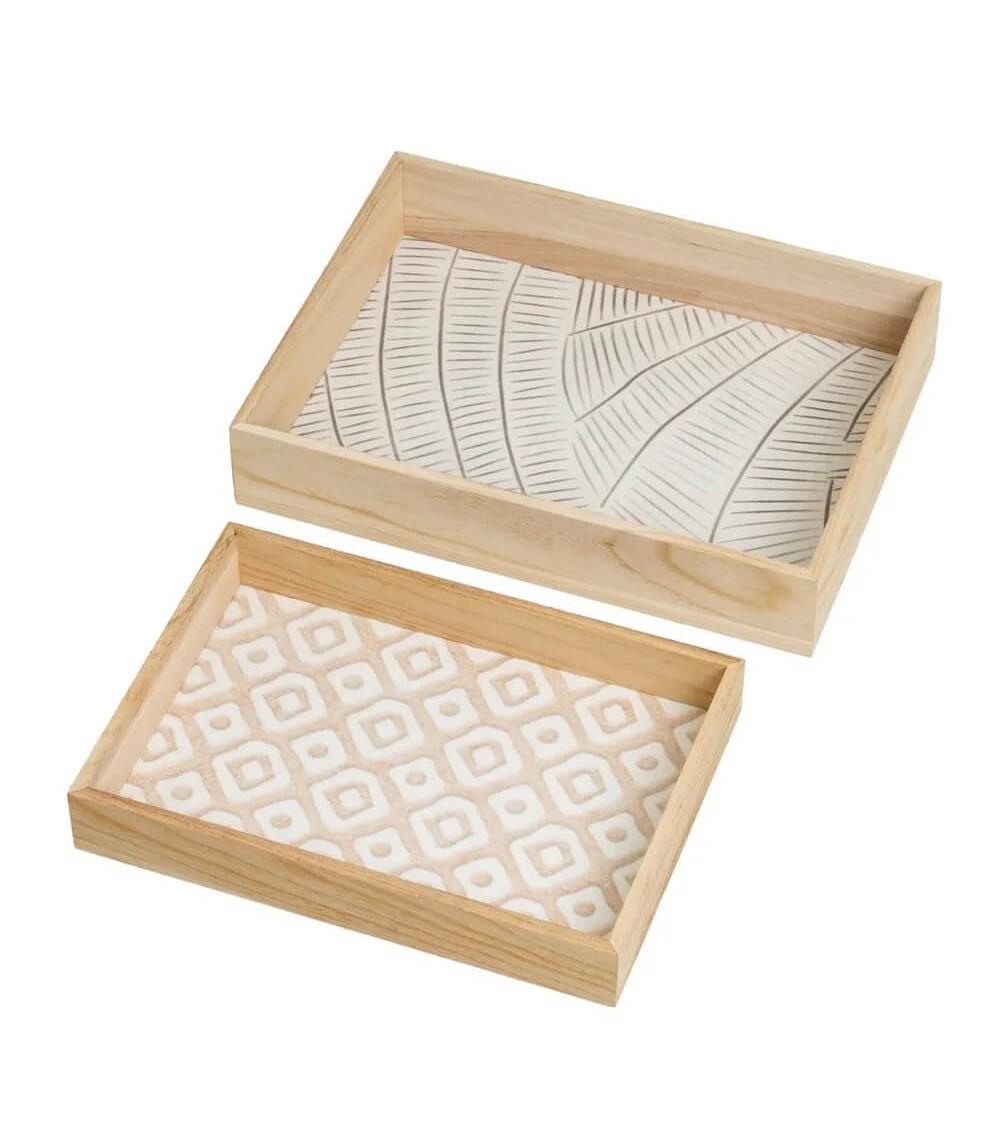Dcasa Set de 2 bandejas rombos y hojas de madera de paulonia y MDF