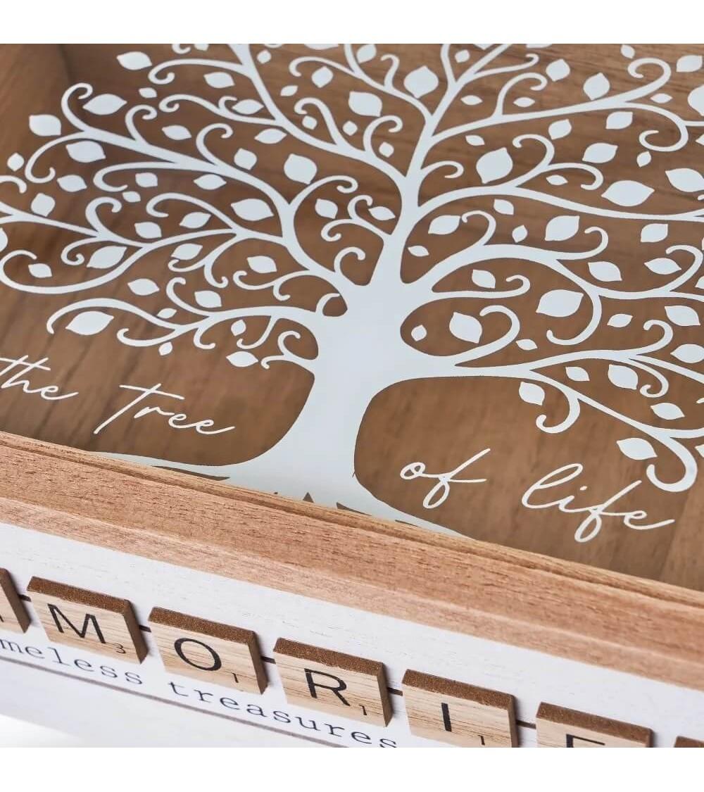 Dcasa Set De 2 Cajas De Árbol De La Vida De Madera Y Cristal Blanco Y Natural De 24x16x10 Cm