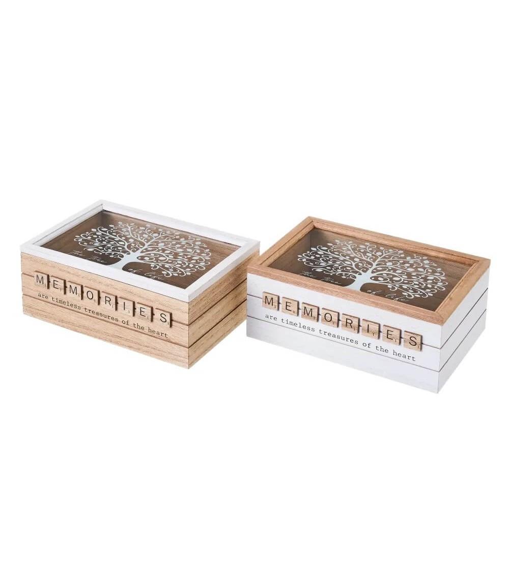 Dcasa Set de 2 cajas de Árbol de la Vida de madera y cristal blanco y natural de 24x16x10 cm