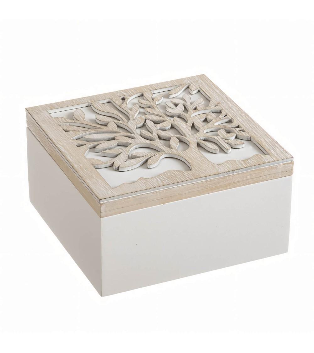 Dcasa Set De 2 Cajas De Madera Árbol De La Vida En Blanco Y Natural De 15x15x8 Cm