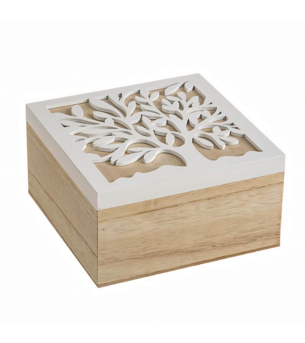 Dcasa Set De 2 Cajas De Madera Árbol De La Vida En Blanco Y Natural De 15x15x8 Cm