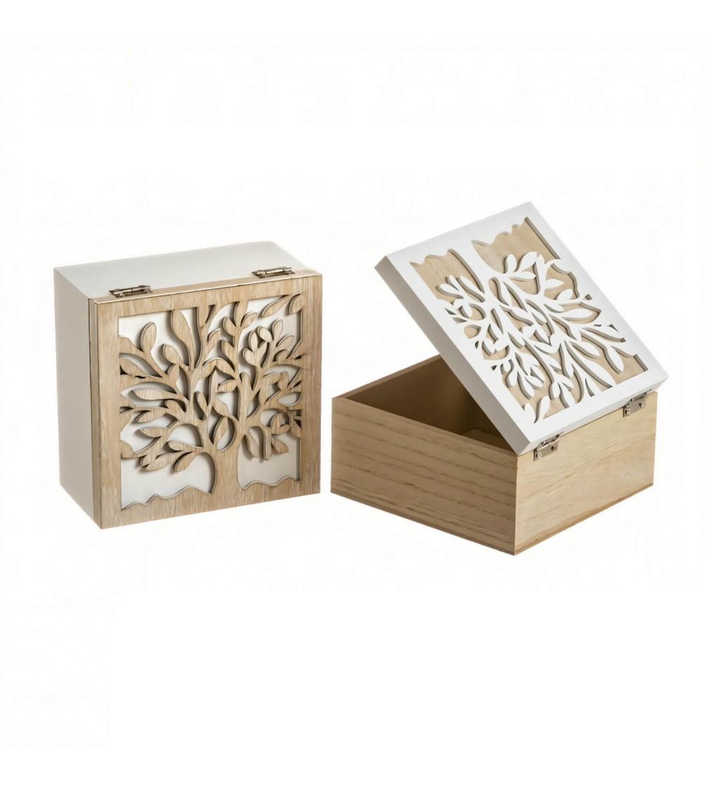 Dcasa Set de 2 cajas de madera Árbol de la Vida en blanco y natural de 15x15x8 cm