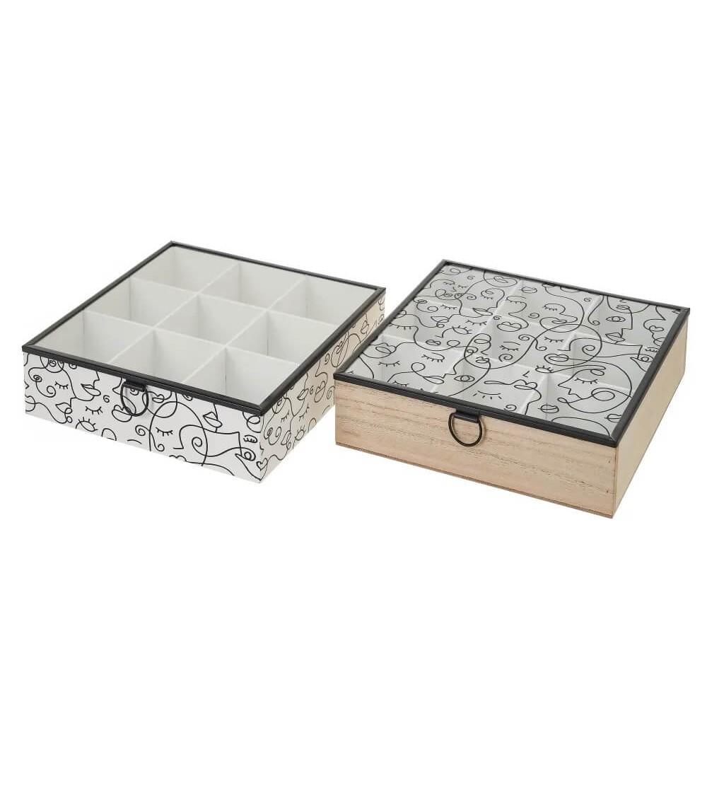 Dcasa Set de 2 cajas de madera y cristal en blanco y natural con 9 compartimientos 25x25x7 cm