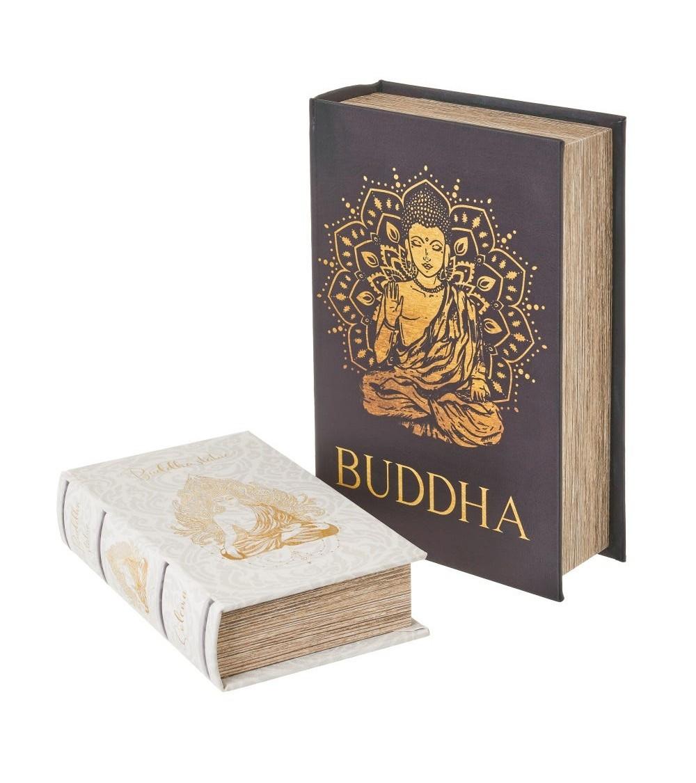 Dcasa Set de 2 cajas libro de buda de polipiel y madera doradas