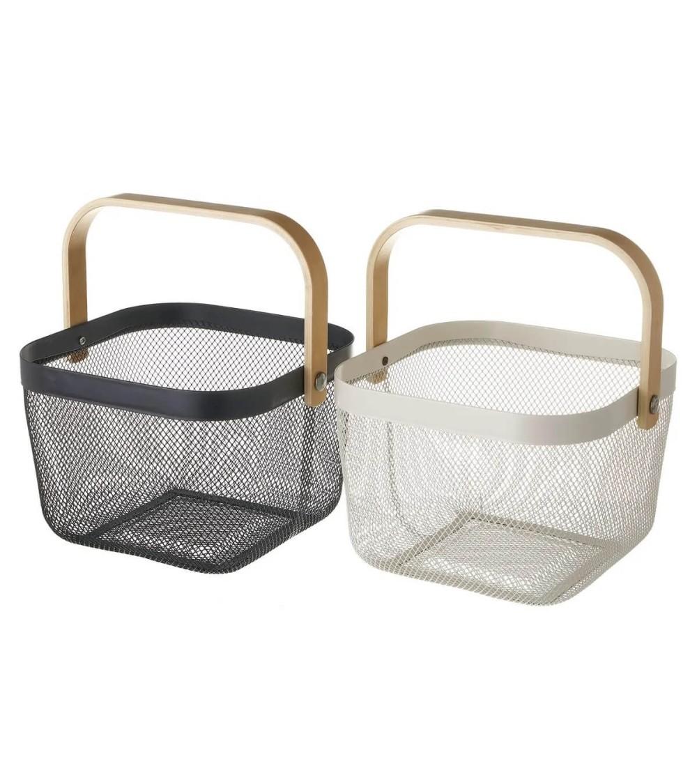 Dcasa Set de 2 cestas organizadoras de metal y madera en blanco y negro con asa de 26x26x17 cm