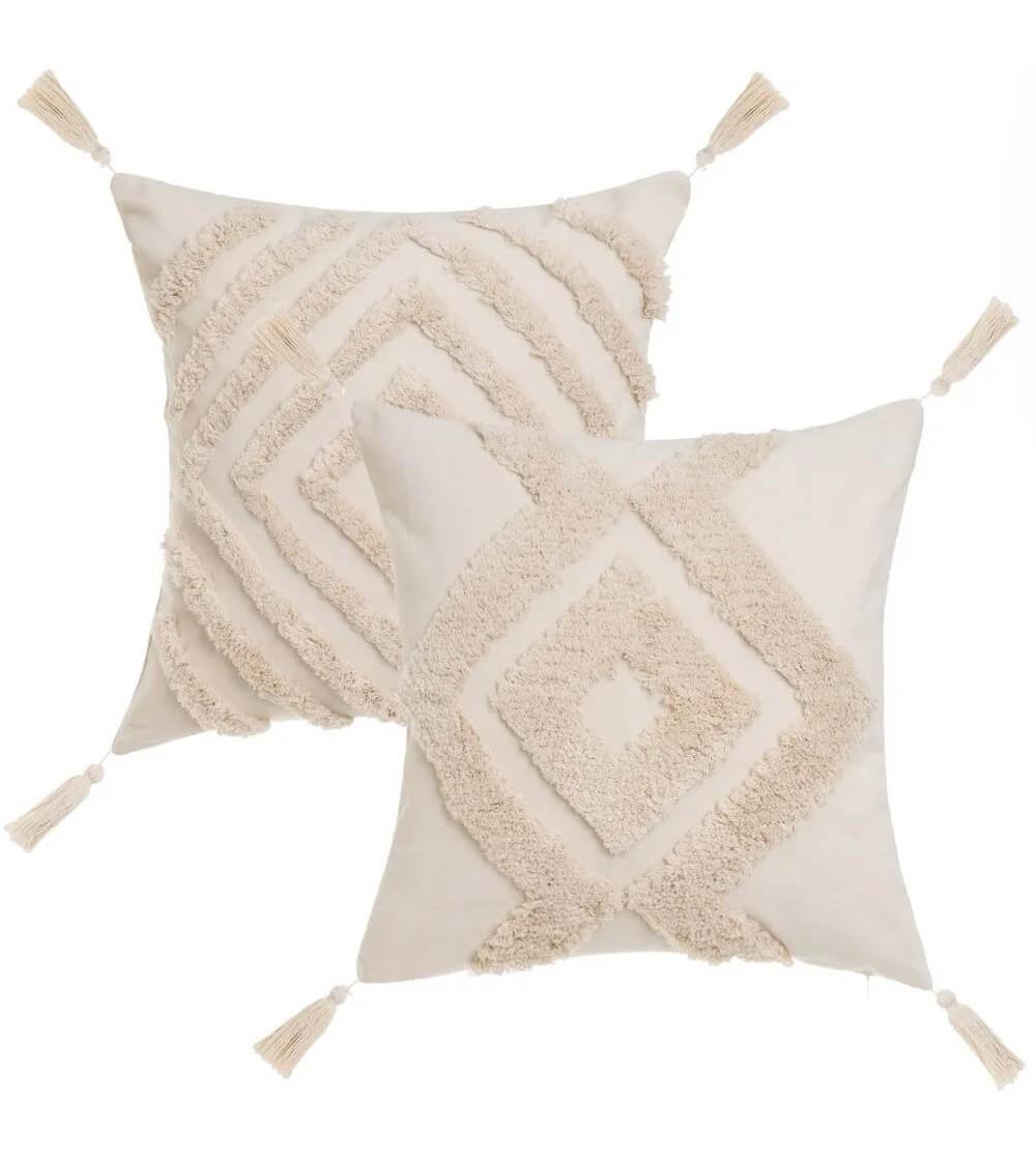 Dcasa Set de 2 cojines de rombos con borlas beige de tela pelo de 45x45 cm con relleno