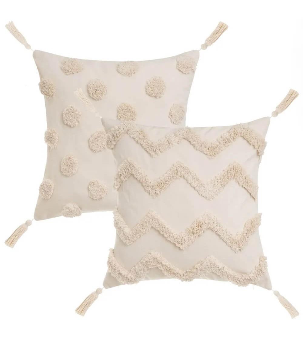 Dcasa Set de 2 cojines de topos y zig zag con borlas beige de tela pelo de 45x45 cm con relleno