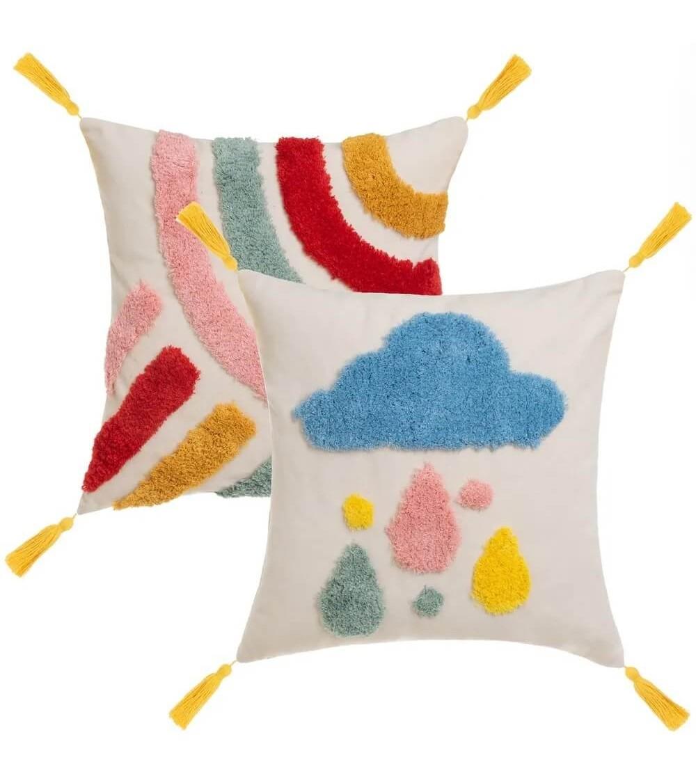 Dcasa Set de 2 cojines infantiles de nube y Arco Iris multicolor de tela pelo de 45x45 cm con relleno