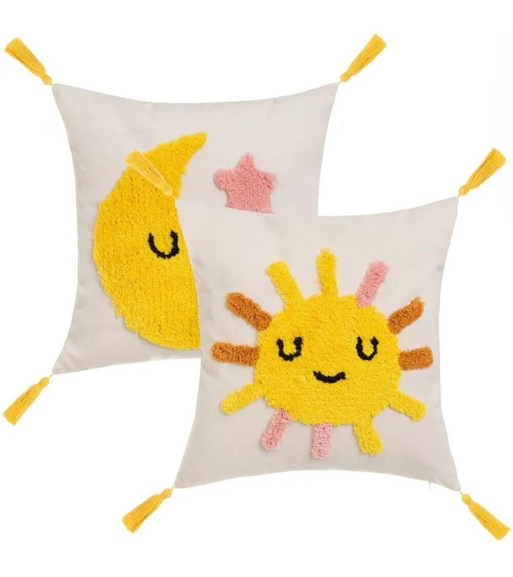 Dcasa Set de 2 cojines infantiles de sol y luna amarillos y blancos de tela pelo de 45x45 cm con relleno