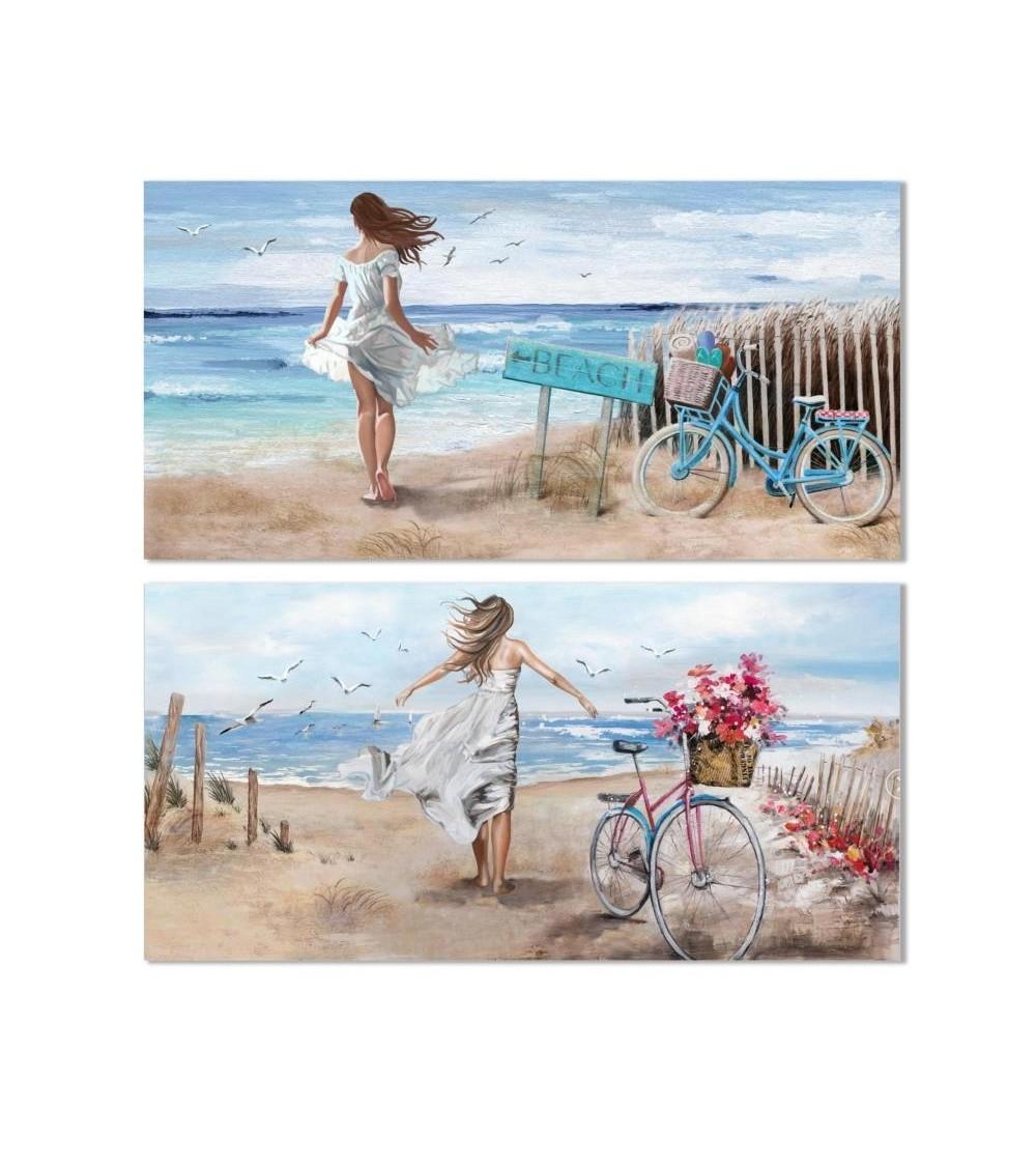 Dcasa Set de 2 cuadro de chica playa sobre lienzo con moldura de madera de 120x60 cm