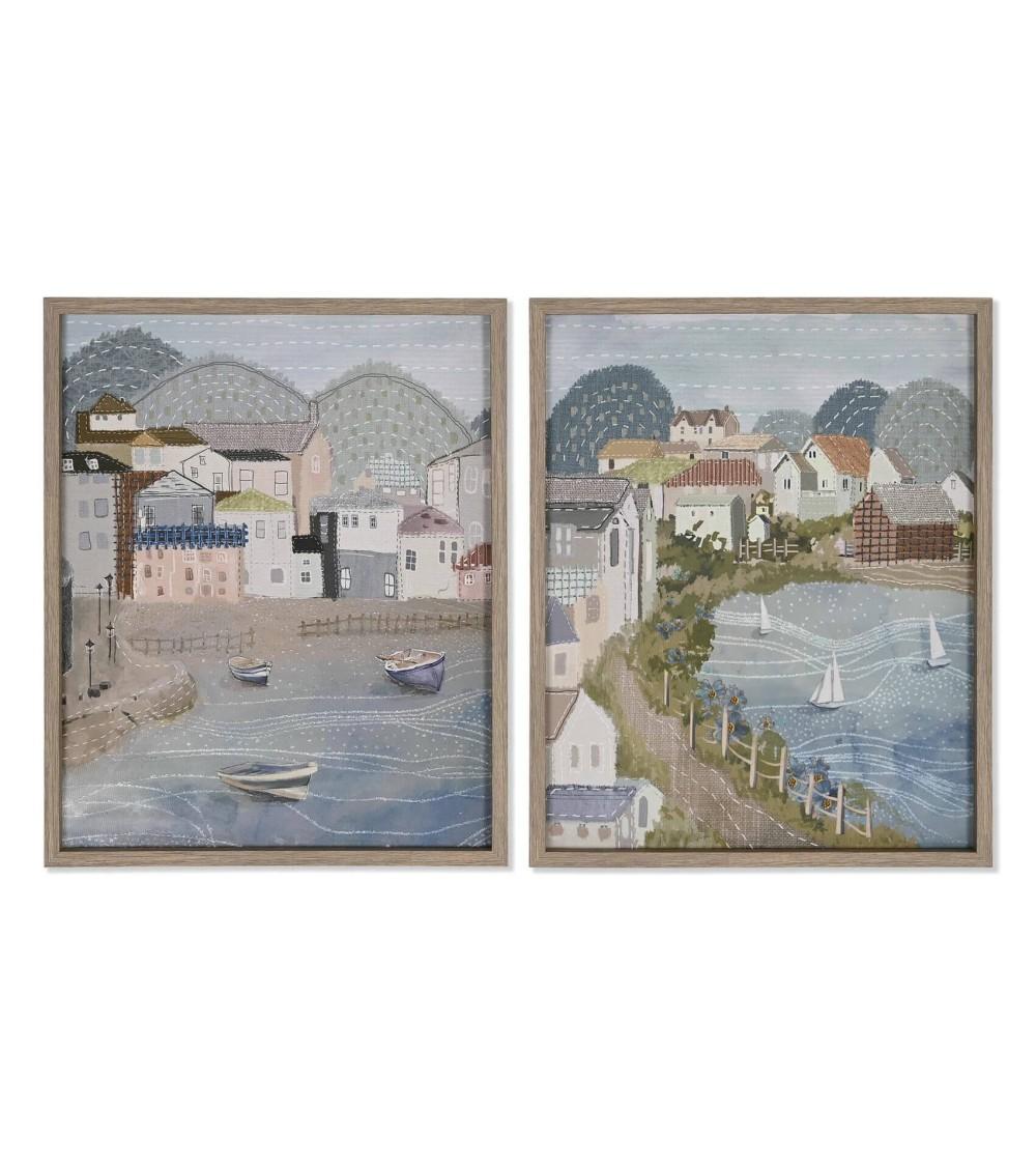 Dcasa Set de 2 cuadro de playa sobre lienzo con moldura de madera 3D de 42x52 cm