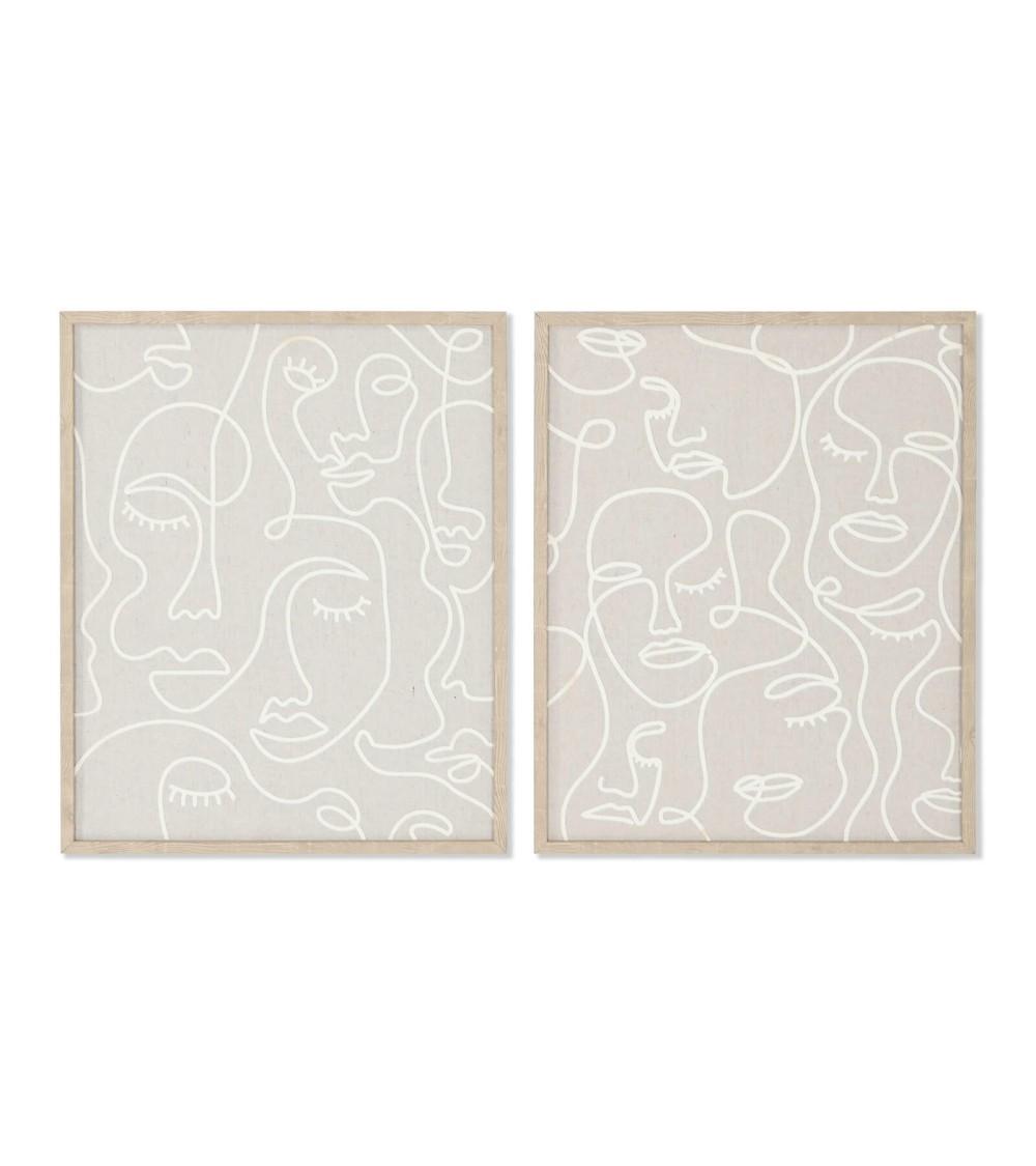 Dcasa Set de 2 cuadros caras abstracto blancos y natural de 40x50 cm