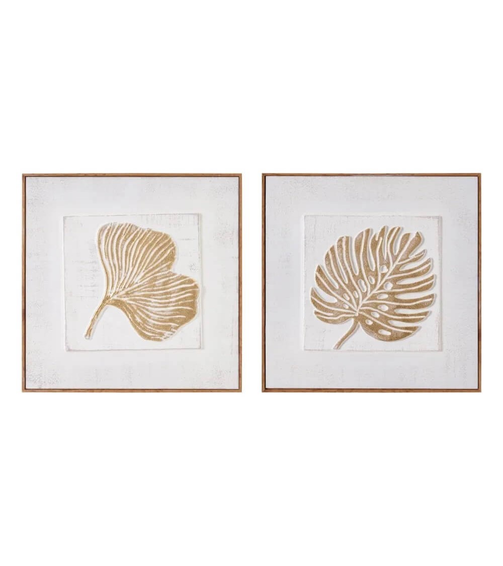 Dcasa Set de 2 cuadros de hoja en relieve de madera dorados de 41x41 cm