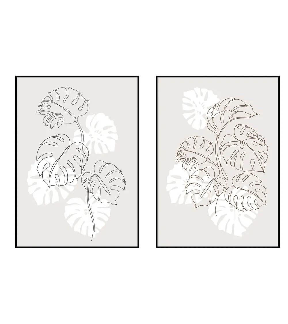 Dcasa Set de 2 cuadros hojas impresión sobre lienzo abstractos enmarcados de madera taupe de 51x71 cm