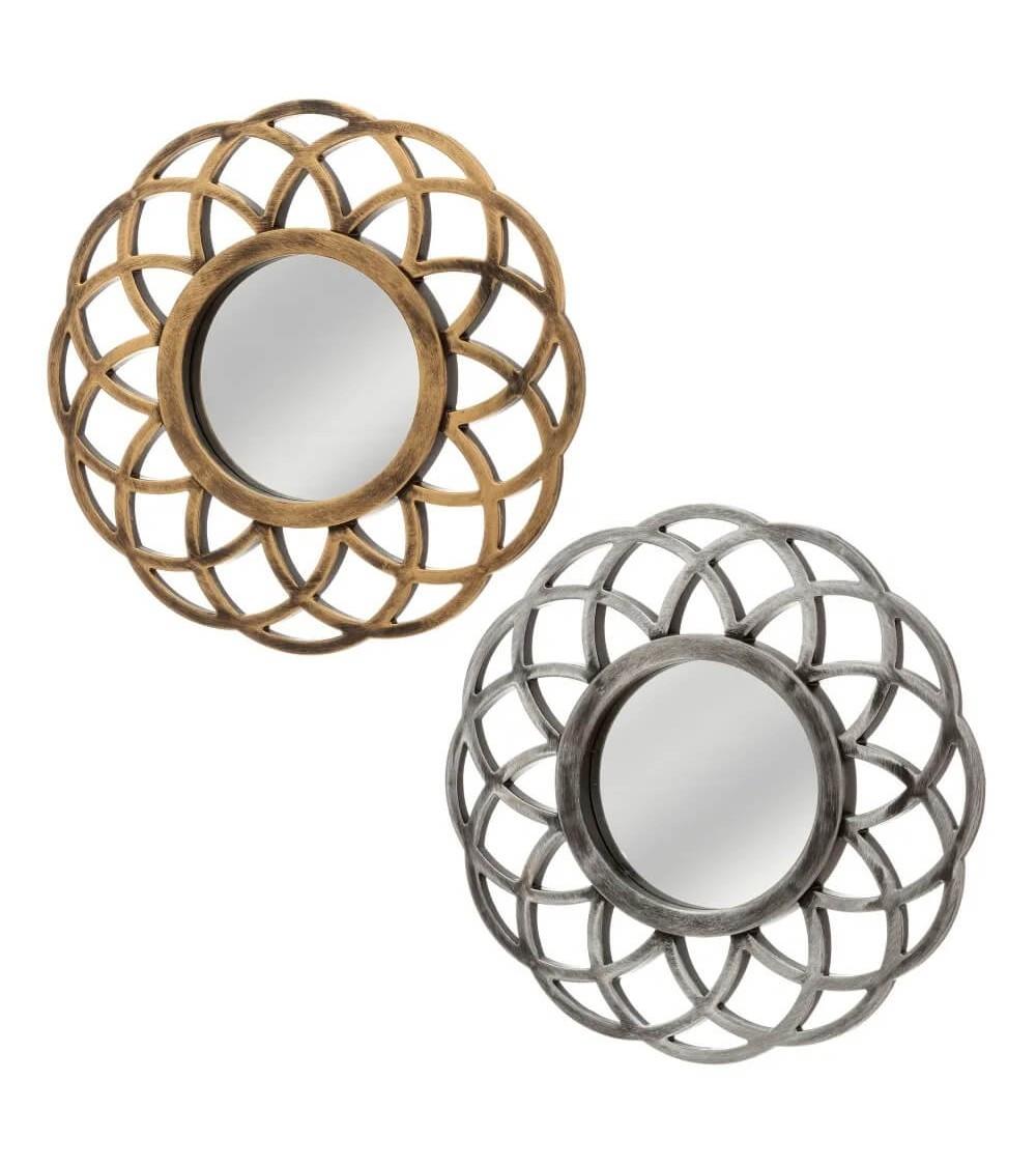 Dcasa Set de 2 espejos flor envejecidos dorado y plateado de plástico y cristal de 25 cm