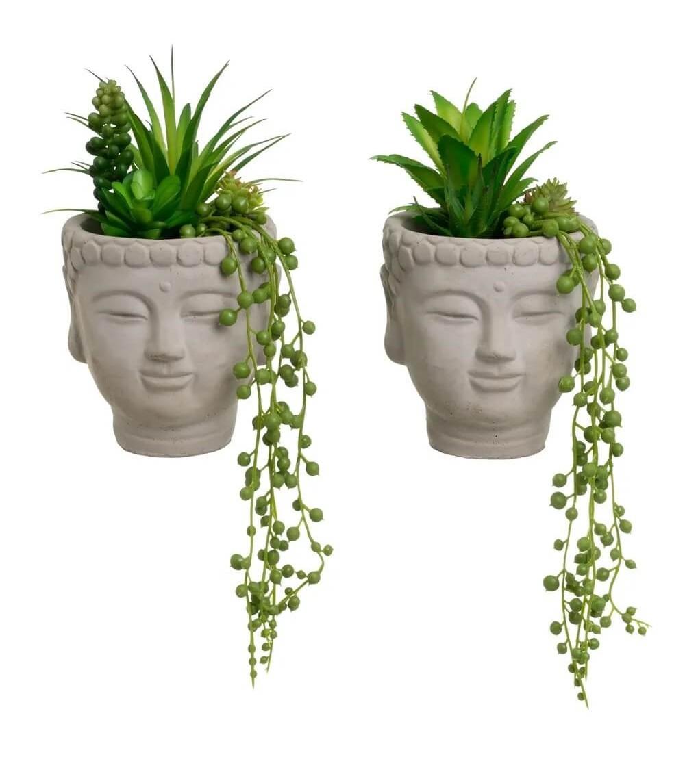 Dcasa Set de 2 macetas buda con plantas cactus artificiales 13x13x20 cm