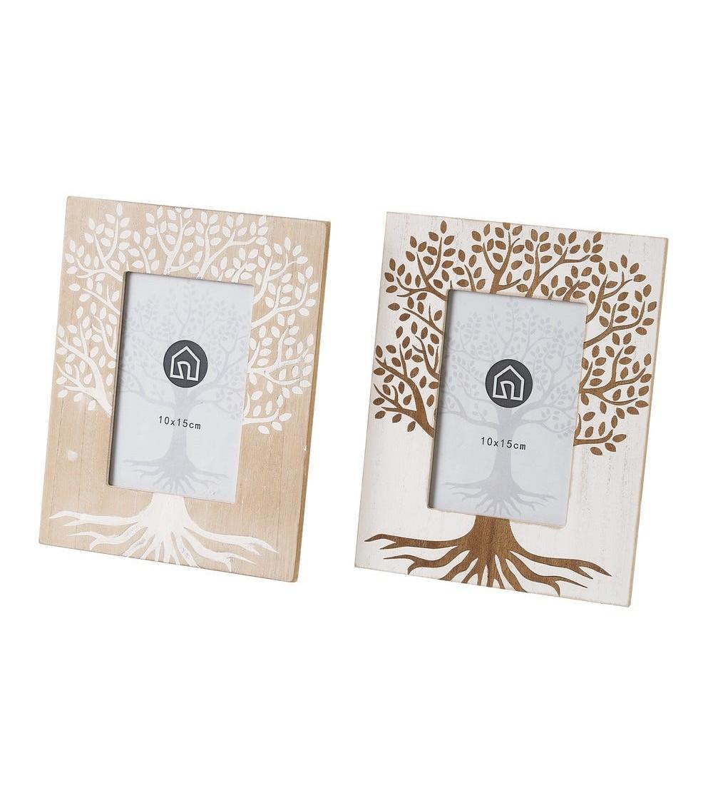 Dcasa Set de 2 marcos de fotos Árbol de la Vida en blanco y natural de madera y cristal para foto de 10x15 cm