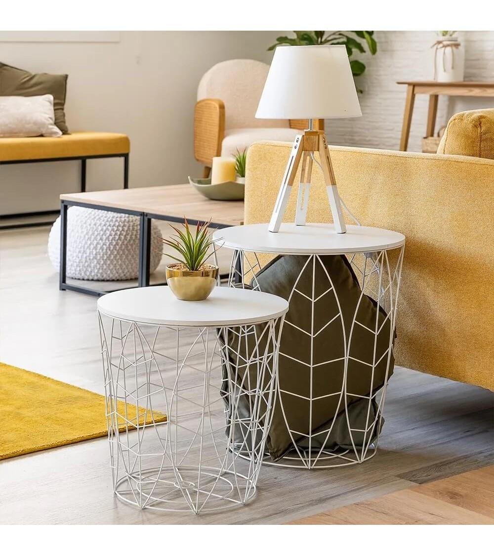 Dcasa Set De 2 Mesas Auxiliares Con Hojas De Metal Y DM Blancas