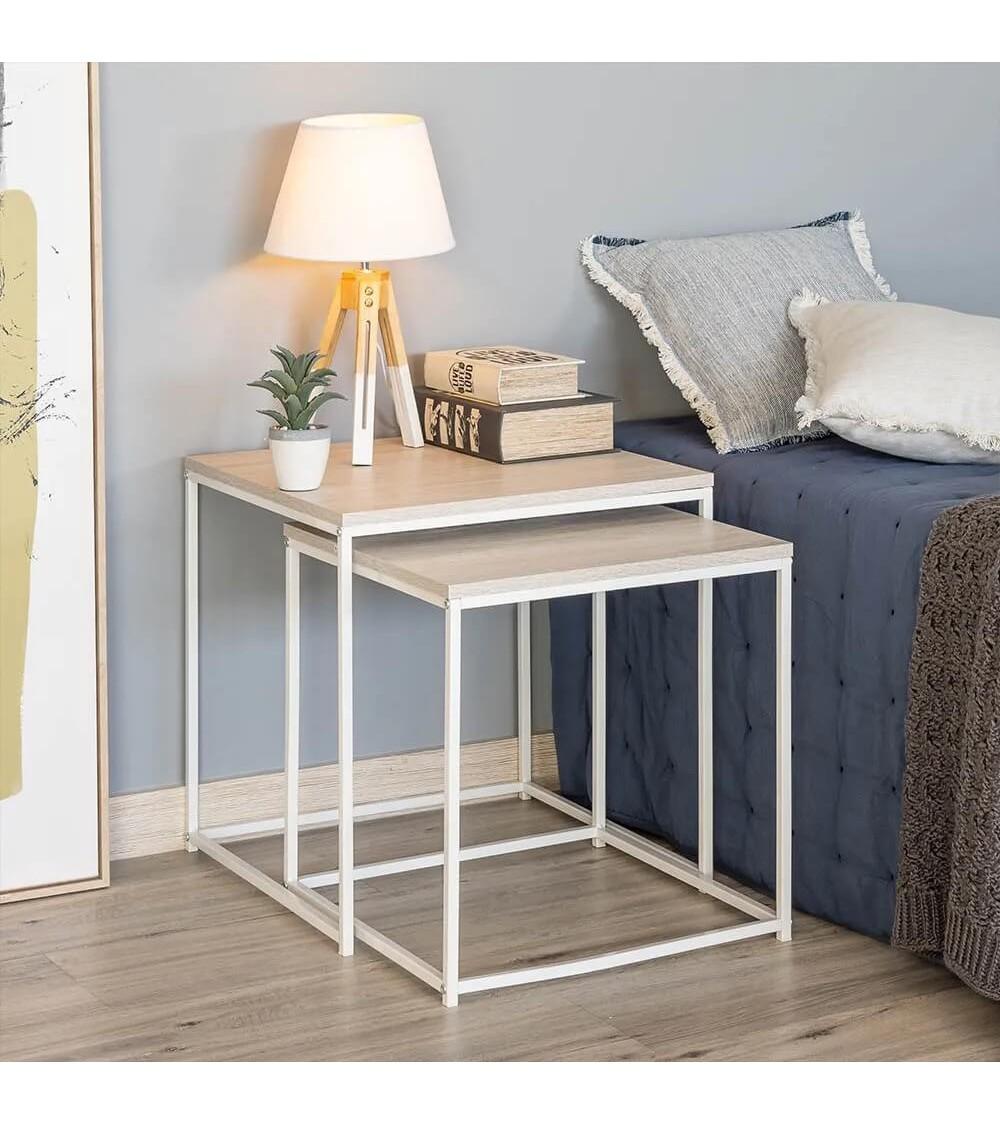 Dcasa Set De 2 Mesas Nido De Metal Y Madera Blancas