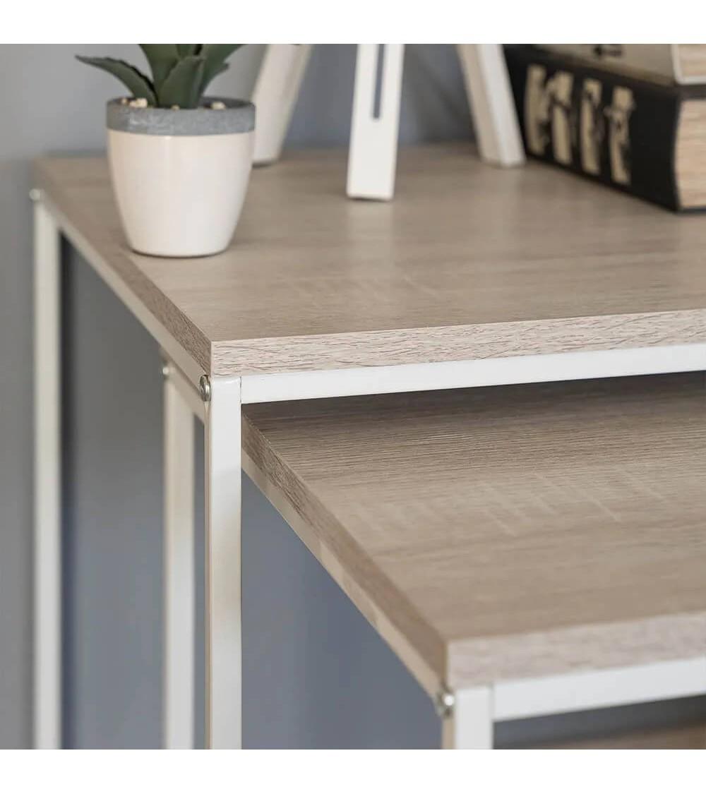 Dcasa Set De 2 Mesas Nido De Metal Y Madera Blancas