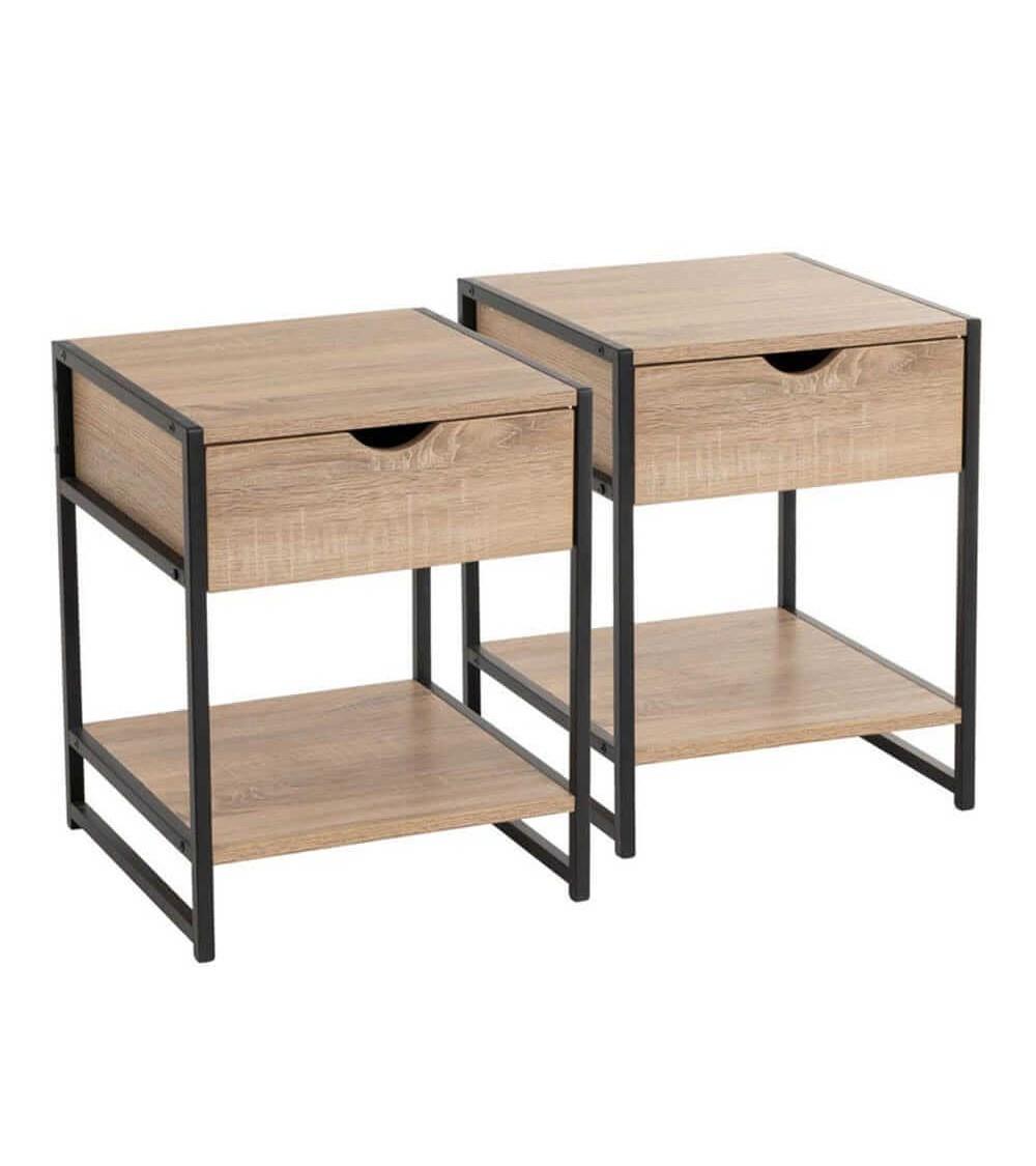 Dcasa Set de 2 mesitas de noche de 1 cajón de madera y metal negro