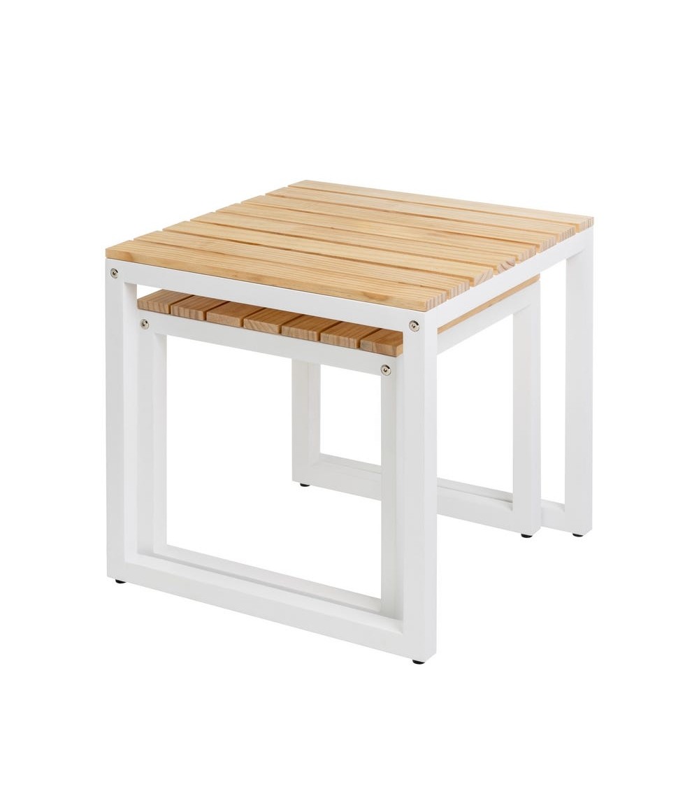 Dcasa Set De 2 Mesitas Nido Cubo De Metal Blanco Y Madera Natural Pino