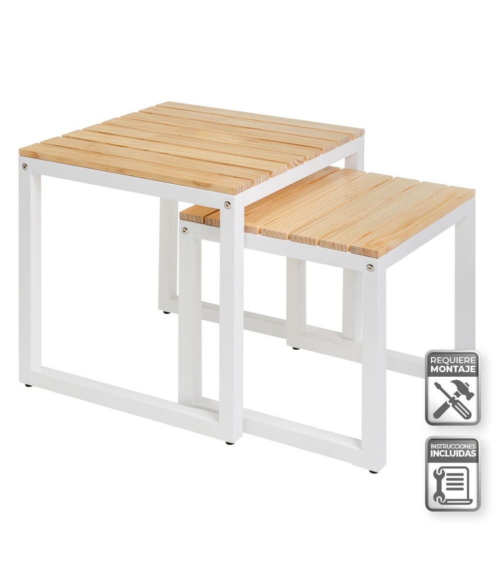 Dcasa Set de 2 mesitas nido cubo de metal blanco y madera natural pino