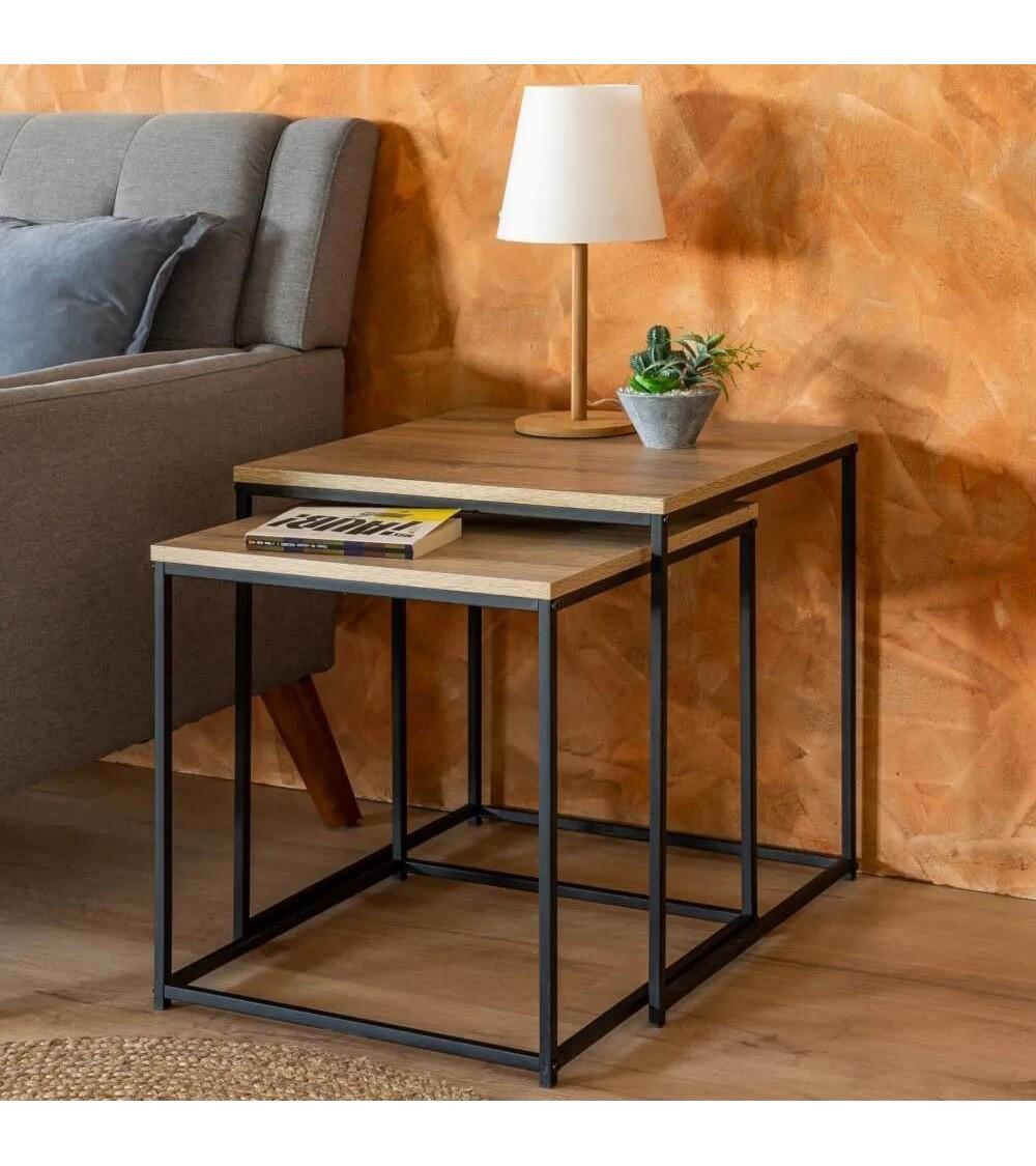 Dcasa Set De 2 Mesitas Nido Cubo De Metal Y Madera Natural